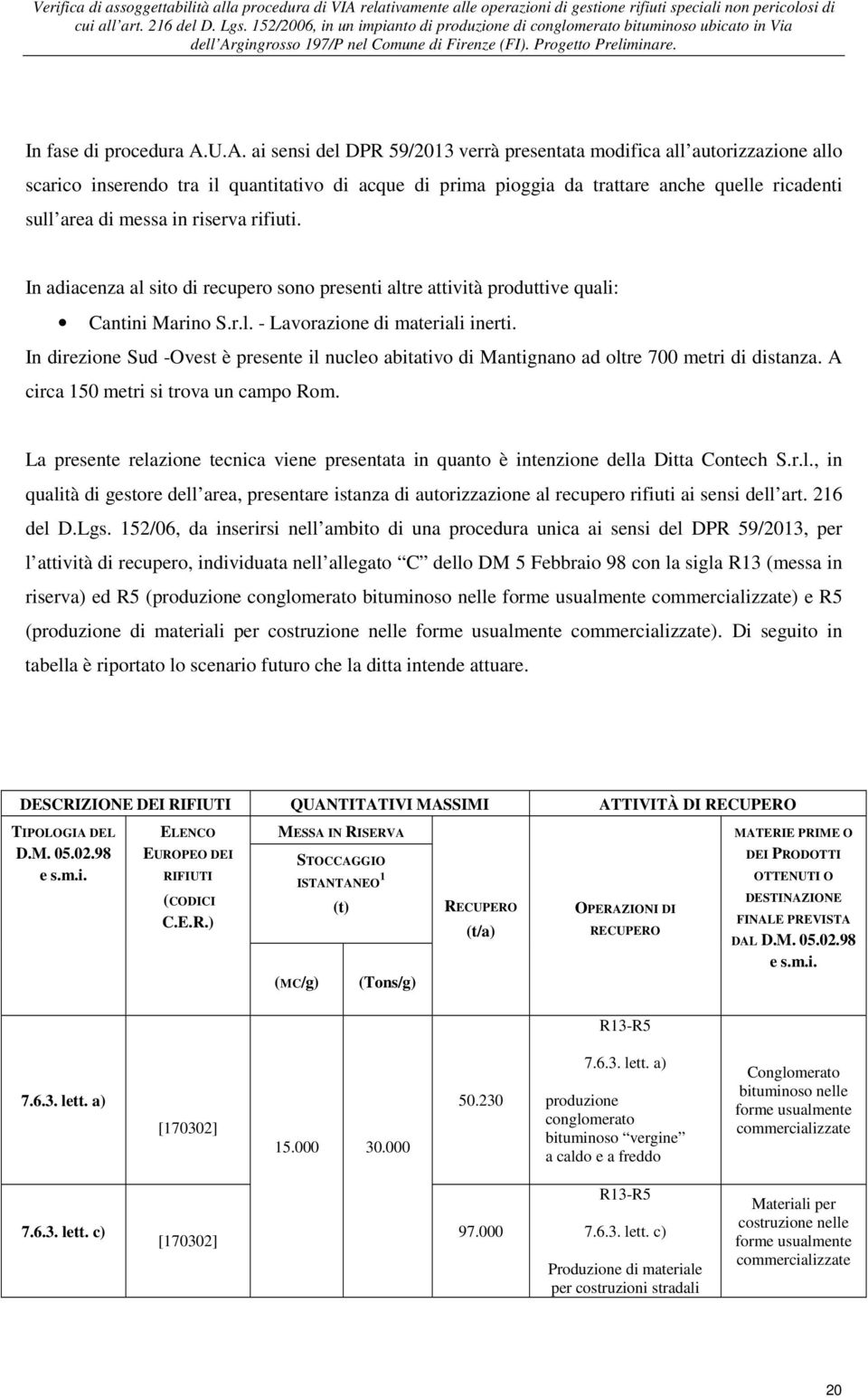 in riserva rifiuti. In adiacenza al sito di recupero sono presenti altre attività produttive quali: Cantini Marino S.r.l. - Lavorazione di materiali inerti.