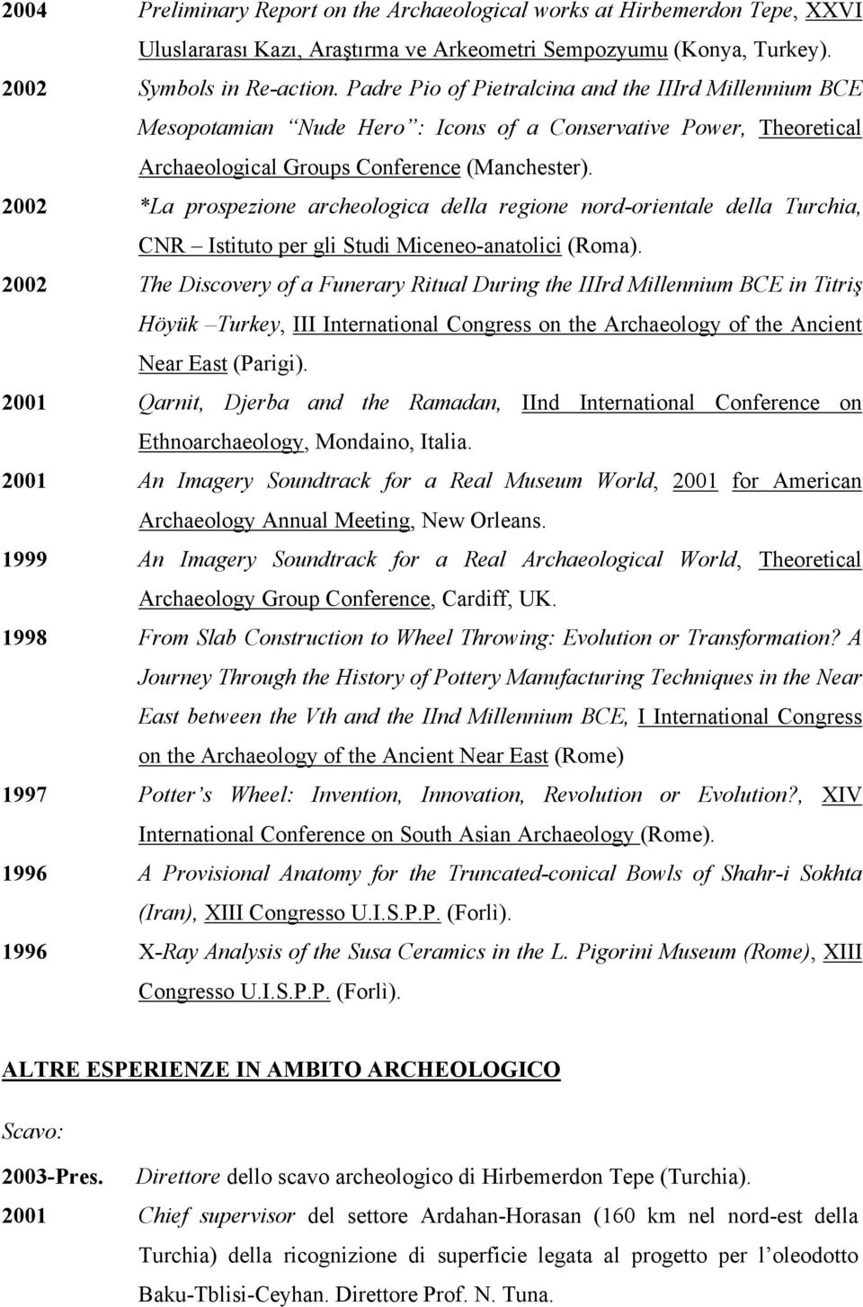 2002 *La prospezione archeologica della regione nord-orientale della Turchia, CNR Istituto per gli Studi Miceneo-anatolici (Roma).