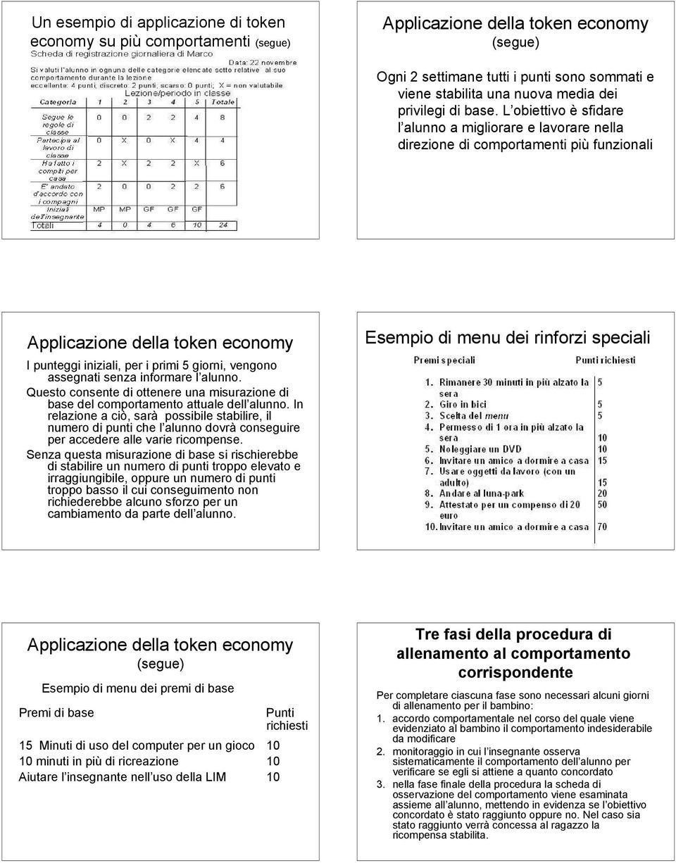 L obiettivo è sfidare l alunno a migliorare e lavorare nella direzione di comportamenti più funzionali Applicazione della token economy I punteggi iniziali, per i primi 5 giorni, vengono assegnati