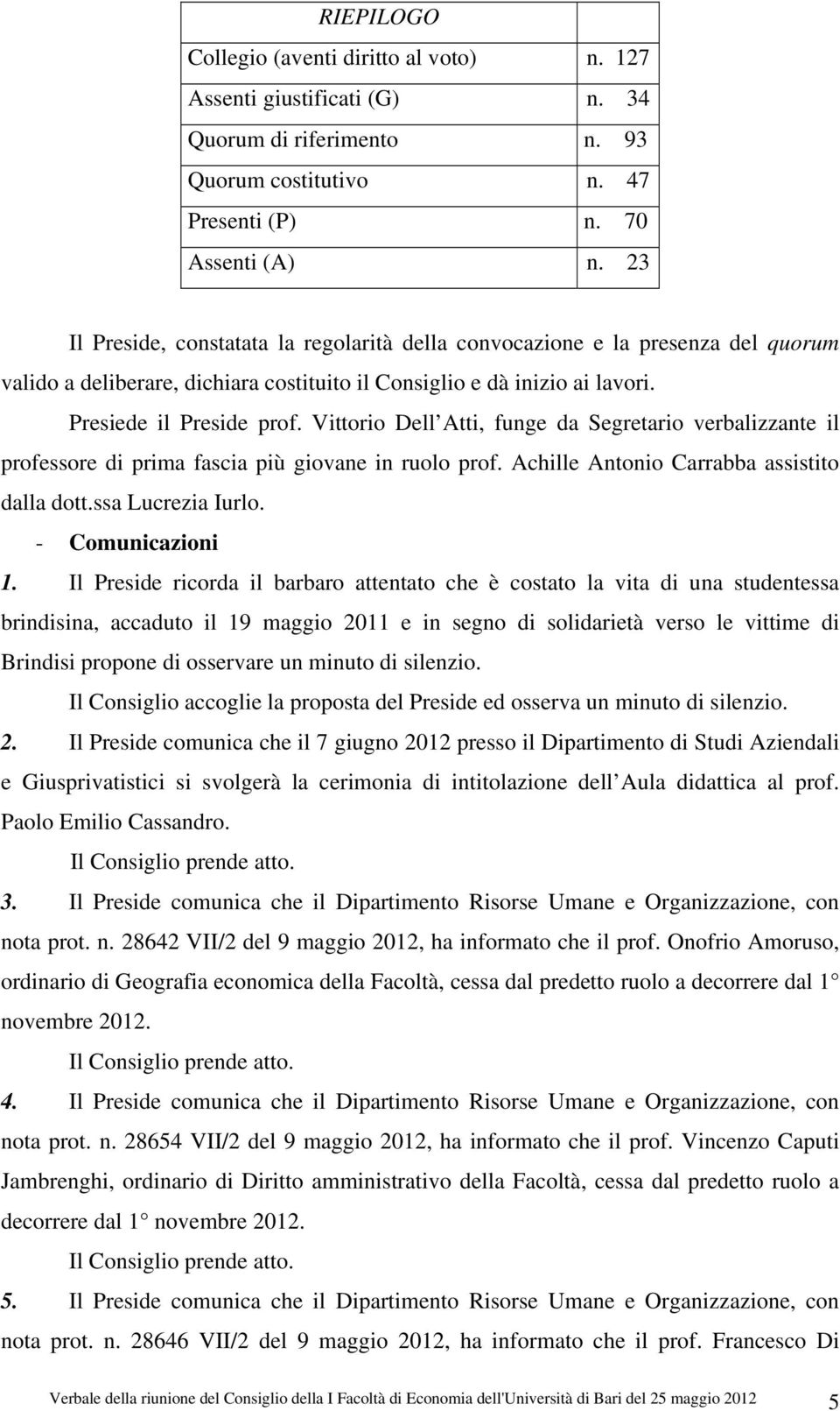 Vittorio Dell Atti, funge da Segretario verbalizzante il professore di prima fascia più giovane in ruolo prof. Achille Antonio Carrabba assistito dalla dott.ssa Lucrezia Iurlo. - Comunicazioni 1.