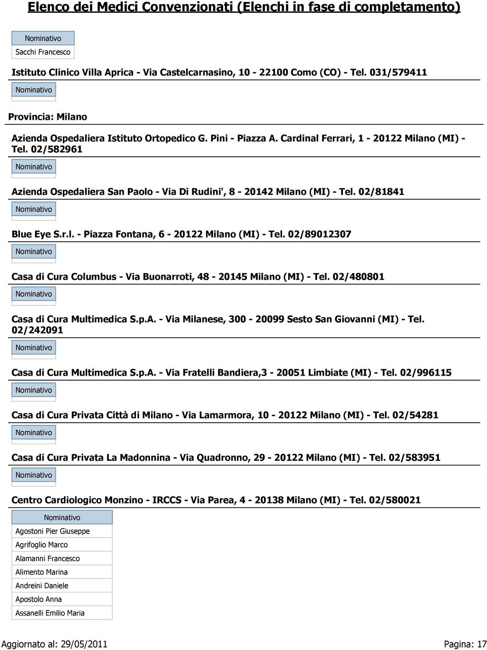 02/89012307 Casa di Cura Columbus - Via Buonarroti, 48-20145 Milano (MI) - Tel. 02/480801 Casa di Cura Multimedica S.p.A. - Via Milanese, 300-20099 Sesto San Giovanni (MI) - Tel.
