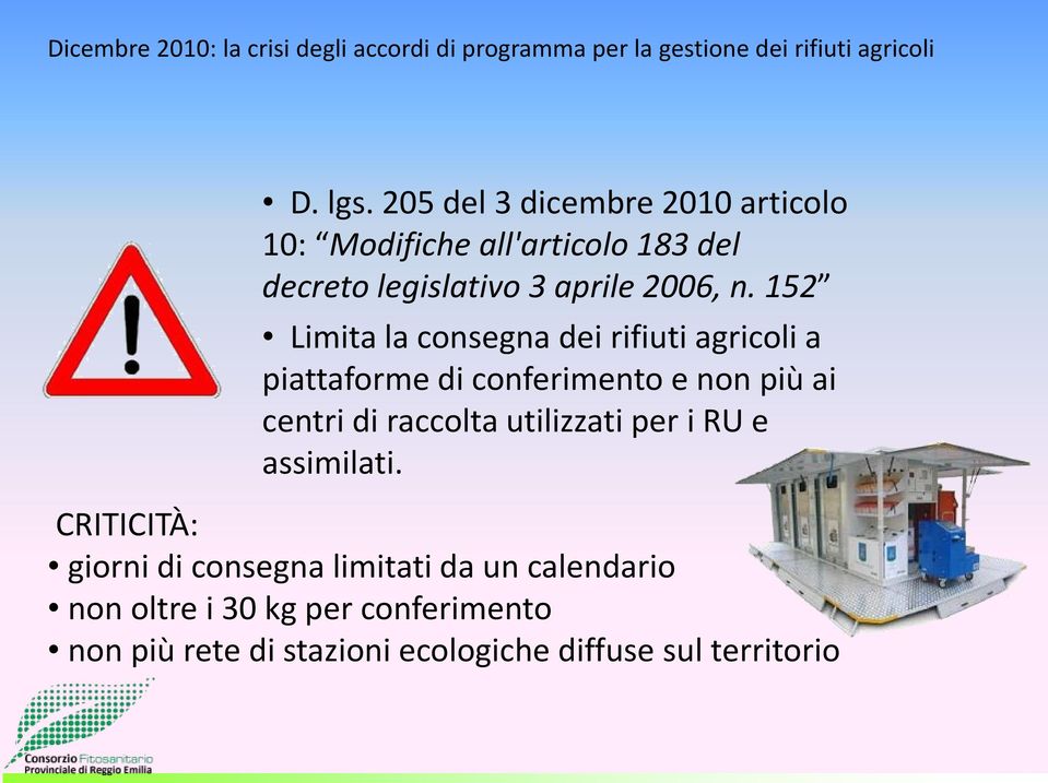 152 Limita la consegna dei rifiuti agricoli a piattaforme di conferimento e non più ai centri di raccolta utilizzati per i