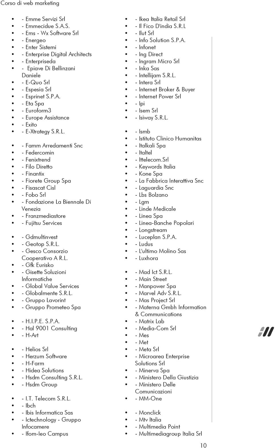 - Famm Arredamenti Snc - Federcomin - Fenixtrend - Filo Diretto - Finantix - Fiorete Group Spa - Fisascat Cisl - Fobo Srl - Fondazione La Biennale Di Venezia - Franzmediastore - Fujitsu Services -