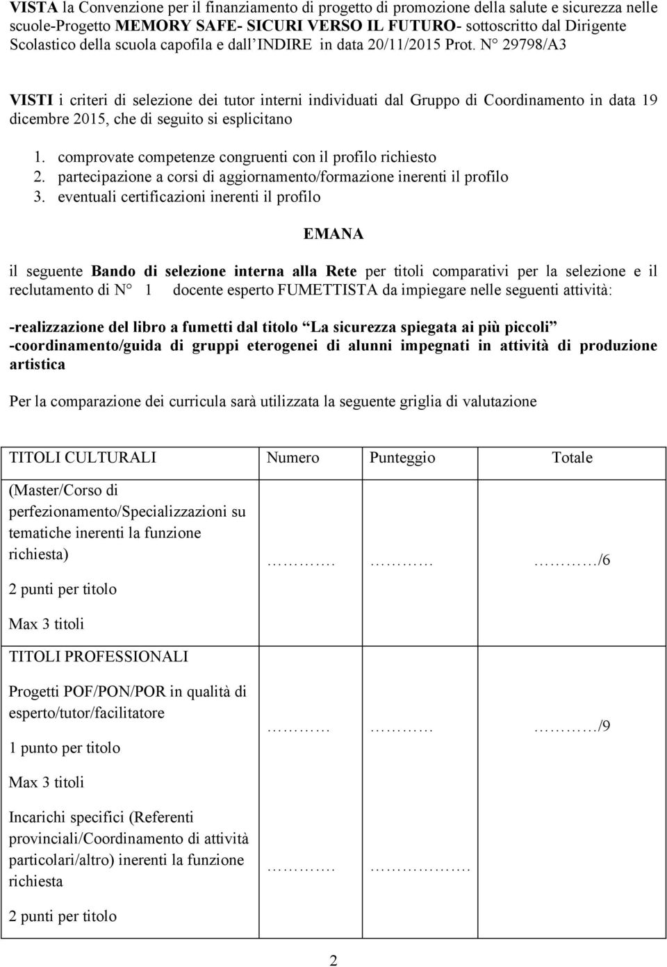 N 29798/A3 VISTI i criteri di selezione dei tutor interni individuati dal Gruppo di Coordinamento in data 19 dicembre 2015, che di seguito si esplicitano 1.