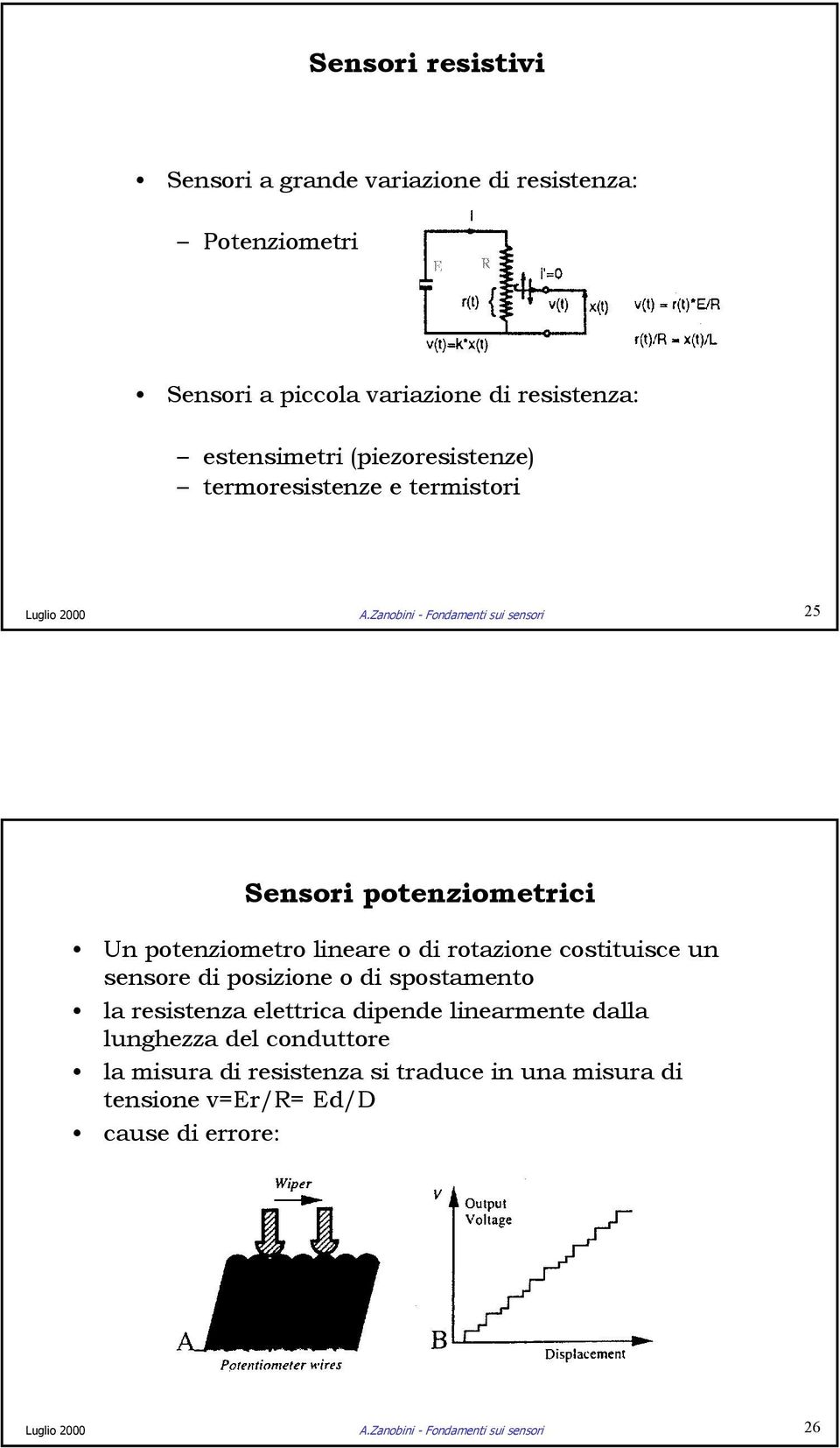 Zanobini - Fondamenti sui sensori 25 Sensori potenziometrici Un potenziometro lineare o di rotazione costituisce un sensore di posizione o