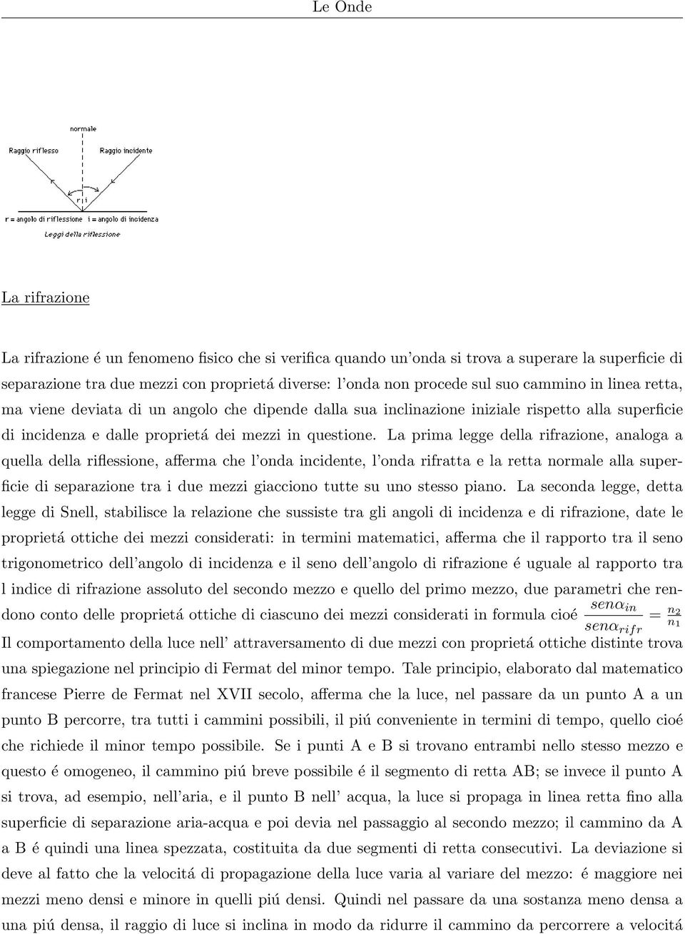 La prima legge della rifrazione, analoga a quella della riflessione, afferma che l onda incidente, l onda rifratta e la retta normale alla superficie di separazione tra i due mezzi giacciono tutte su