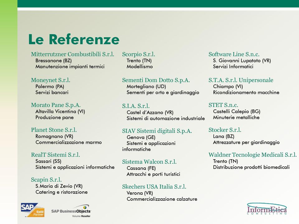 r.l. S.Maria di Zevio (VR) Catering e ristorazione Sementi Dom Dotto S.p.A. Mortegliano (UD) Sementi per orto e giardinaggio S.I.A. S.r.l. Castel d Azzano (VR) Sistemi di automazione industriale SIAV Sistemi digitali S.