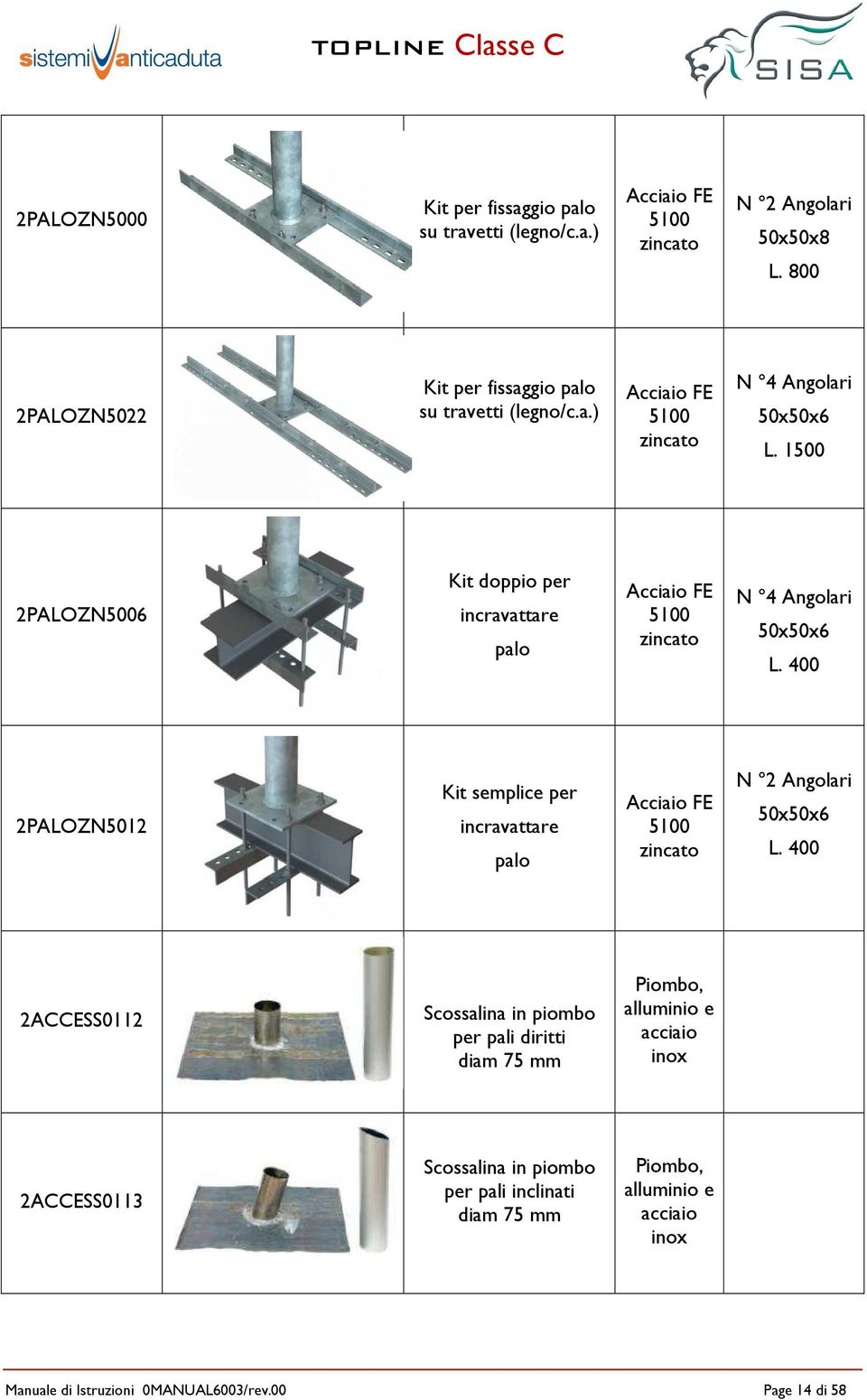 1500 2PALOZN5006 Kit doppio per incravattare palo Acciaio FE 5100 zincato N 4 Angolari 50x50x6 L.