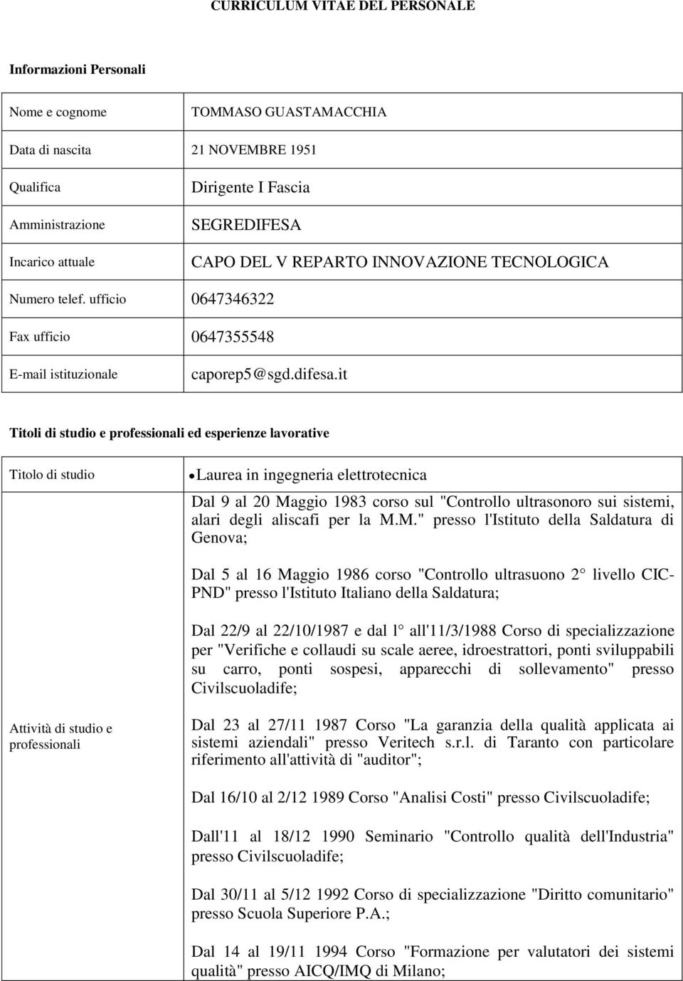 it Titoli di studio e professionali ed esperienze lavorative Titolo di studio Laurea in ingegneria elettrotecnica Dal 9 al 20 Maggio 1983 corso sul "Controllo ultrasonoro sui sistemi, alari degli