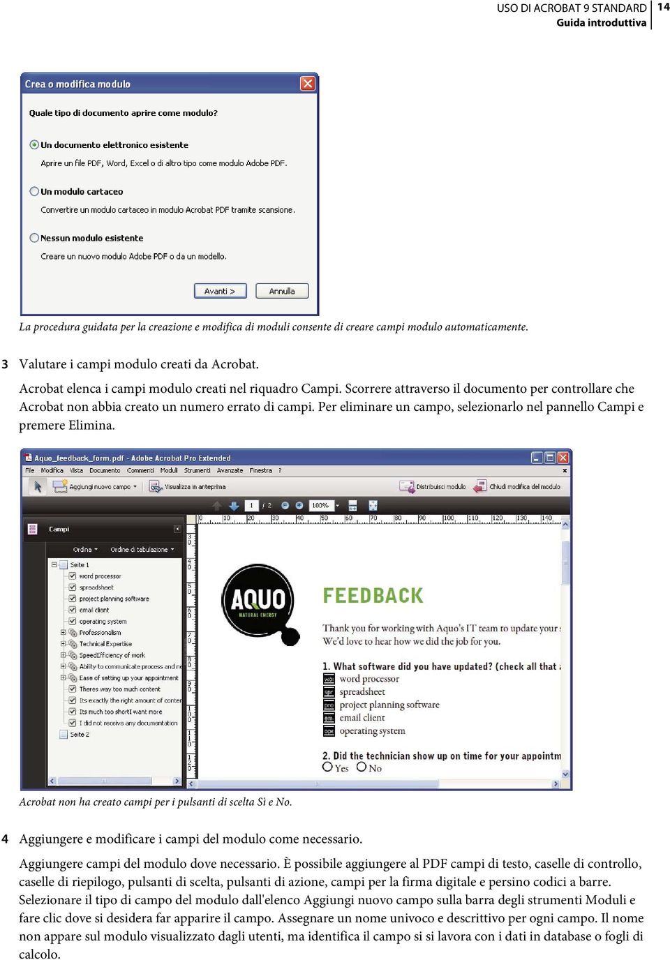 Per eliminare un campo, selezionarlo nel pannello Campi e premere Elimina. Acrobat non ha creato campi per i pulsanti di scelta Sì e No. 4 Aggiungere e modificare i campi del modulo come necessario.