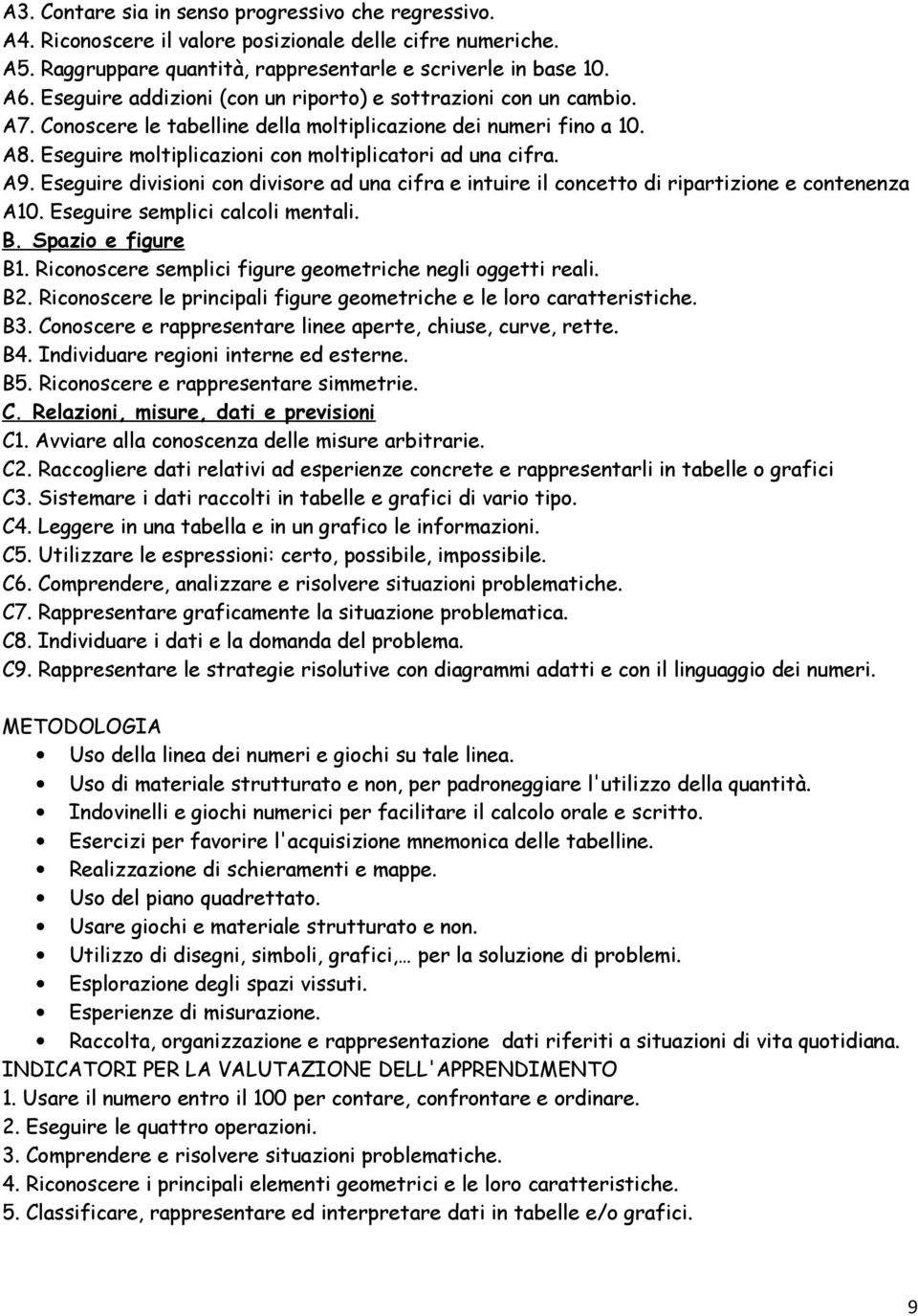 A9. Eseguire divisioni con divisore ad una cifra e intuire il concetto di ripartizione e contenenza A10. Eseguire semplici calcoli mentali. B. Spazio e figure B1.