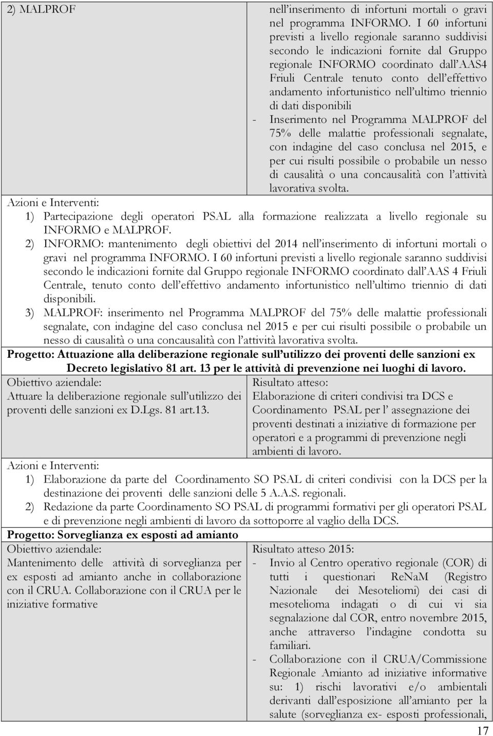 infortunistico nell ultimo triennio di dati disponibili - Inserimento nel Programma MALPROF del 75% delle malattie professionali segnalate, con indagine del caso conclusa nel 2015, e per cui risulti