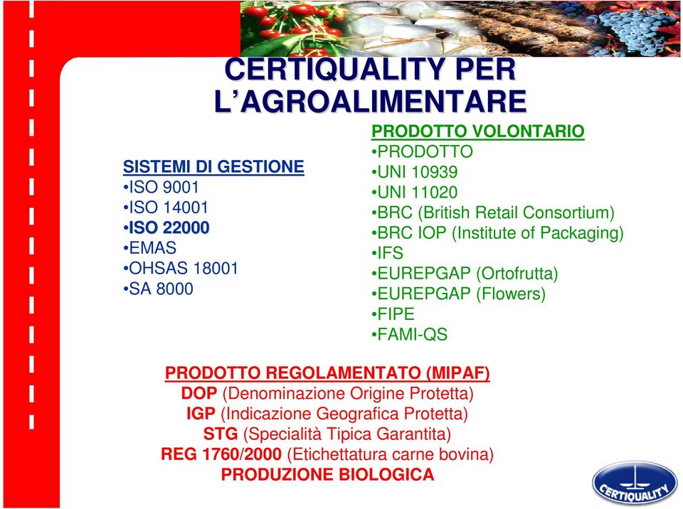 Garantita) REG 1760/2000 (Etichettatura carne bovina) PRODUZIONE BIOLOGICA PRODOTTO VOLONTARIO PRODOTTO UNI 10939 UNI