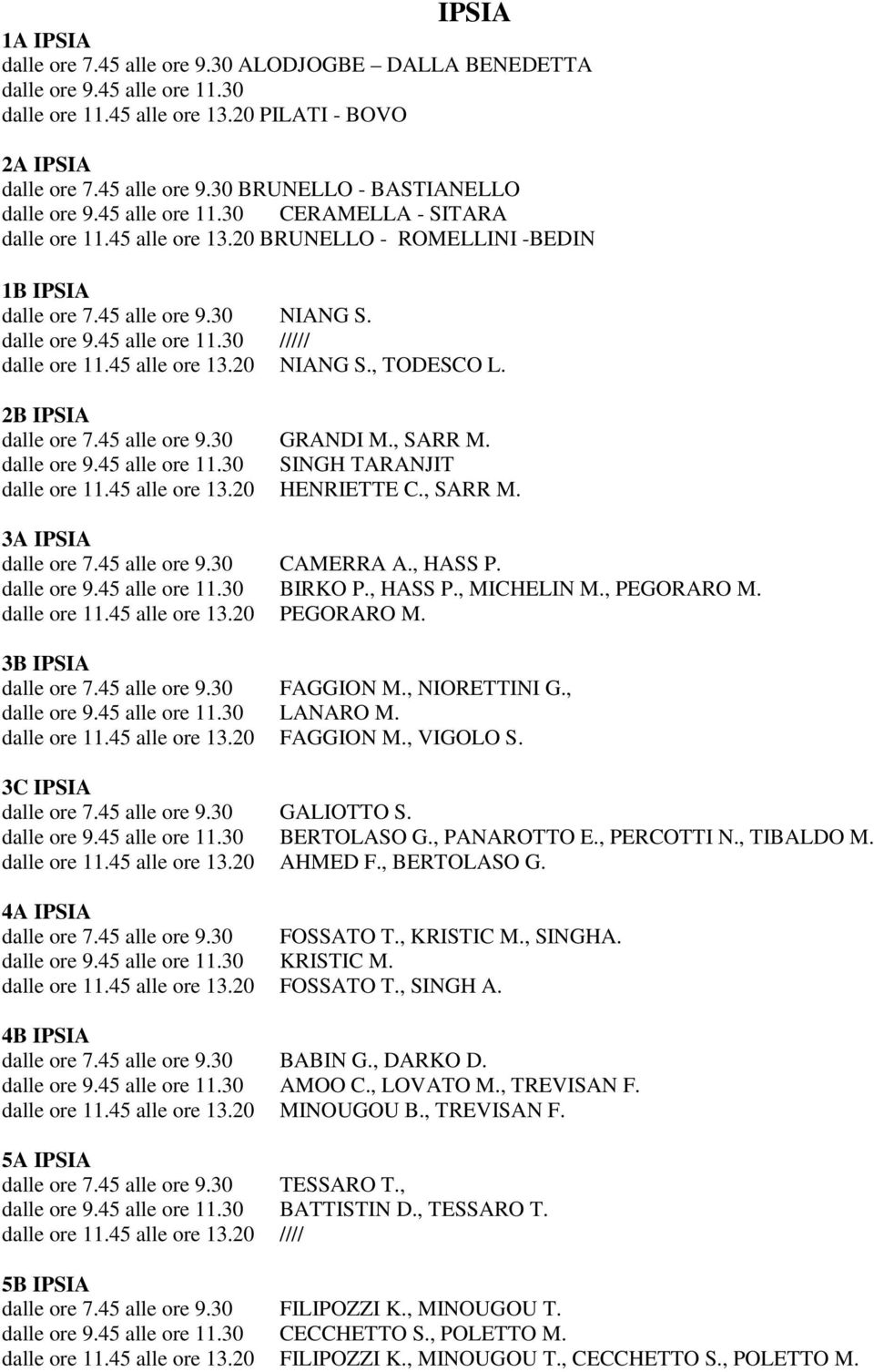 45 alle ore 13.20 NIANG S., TODESCO L. 2B IPSIA dalle ore 7.45 alle ore 9.30 GRANDI M., SARR M. dalle ore 9.45 alle ore 11.30 SINGH TARANJIT dalle ore 11.45 alle ore 13.20 HENRIETTE C., SARR M. 3A IPSIA dalle ore 7.