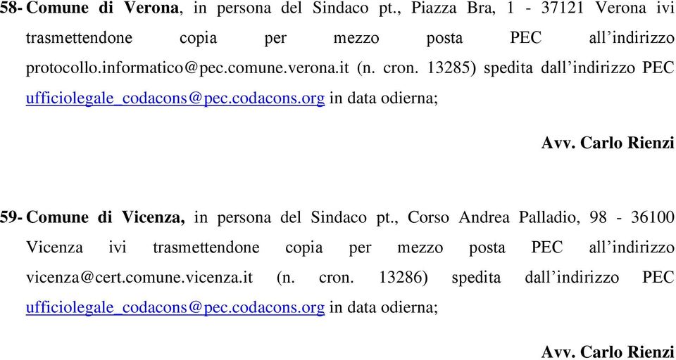 cron. 13285) spedita dall indirizzo PEC 59- Comune di Vicenza, in persona del