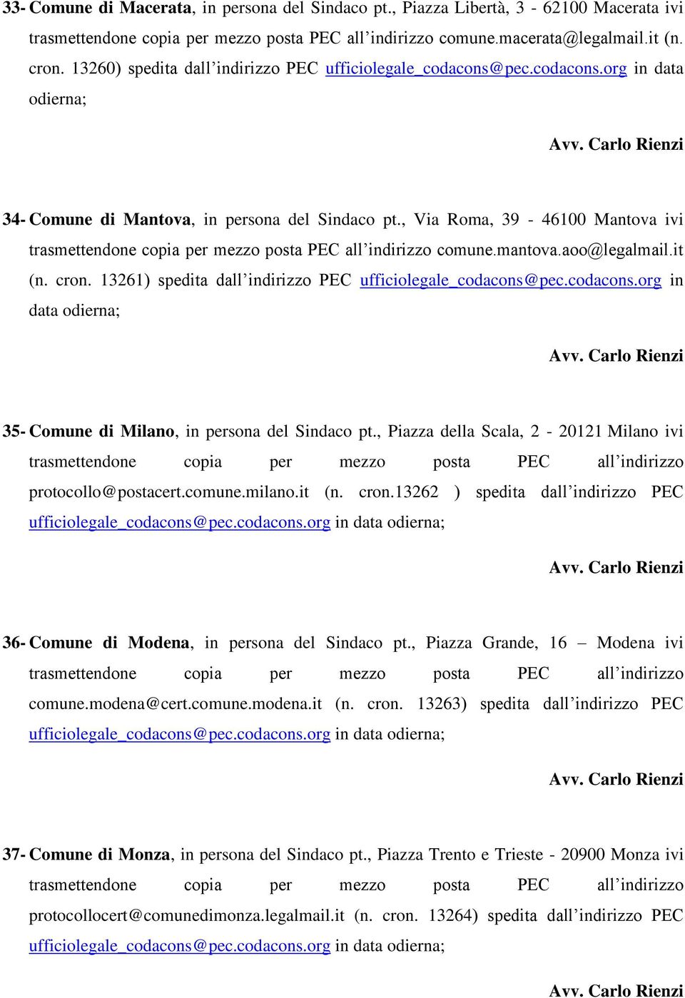 13261) spedita dall indirizzo PEC ufficiolegale_codacons@pec.codacons.org in data 35- Comune di Milano, in persona del Sindaco pt., Piazza della Scala, 2-20121 Milano ivi protocollo@postacert.comune.