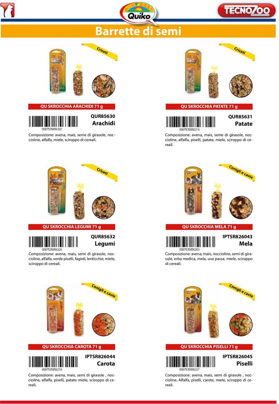 Criceti Conigli e cavie QU SKROCCHIA LEGUMI 71 g QUR85632 Legumi Composizione: avena, mais, semi di girasole, noccioline, alfalfa, verde piselli, fagioli, lenticchie, miele, sciroppo di cereali.