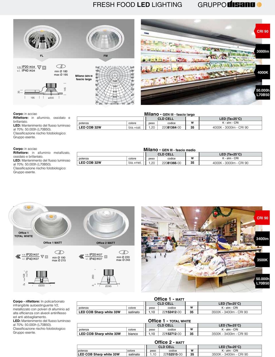 Milano - GEN III - fascio largo LED COB 2W bia.+sat. 1,20 2208164-00 5 4000K - 000lm - Corpo: in acciao Riflettore: in alluminio metallizato, ossidato e brillantato. al 70%: ().