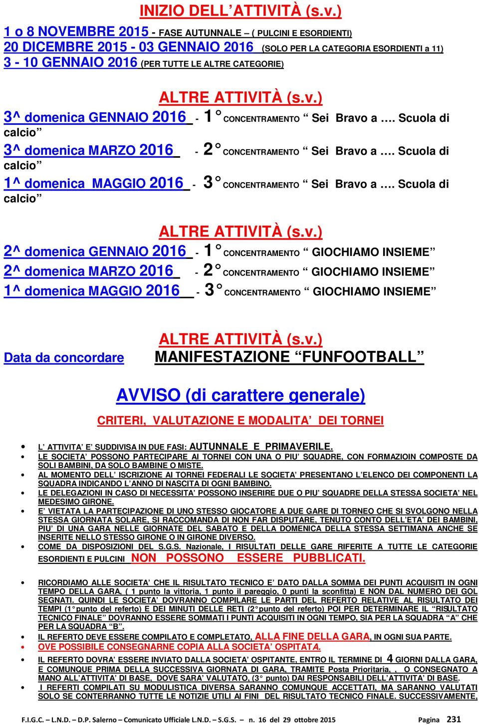 (s.v.) 3^ domenica GENNAIO 2016-1 CONCENTRAMENTO Sei Bravo a. Scuola di calcio 3^ domenica MARZO 2016-2 CONCENTRAMENTO Sei Bravo a.