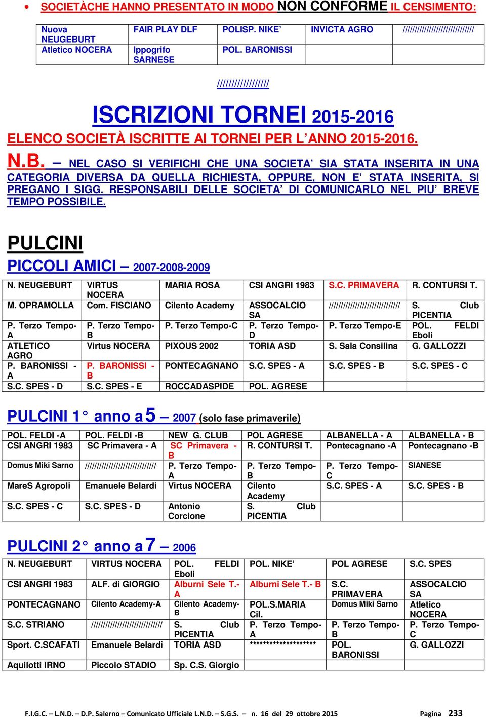 RESPONSABILI DELLE SOCIETA DI COMUNICARLO NEL PIU BREVE TEMPO POSSIBILE. PULCINI PICCOLI AMICI 2007-2008-2009 N. NEUGEBURT VIRTUS MARIA ROSA CSI ANGRI 1983 S.C. PRIMAVERA R. CONTURSI T. NOCERA M.