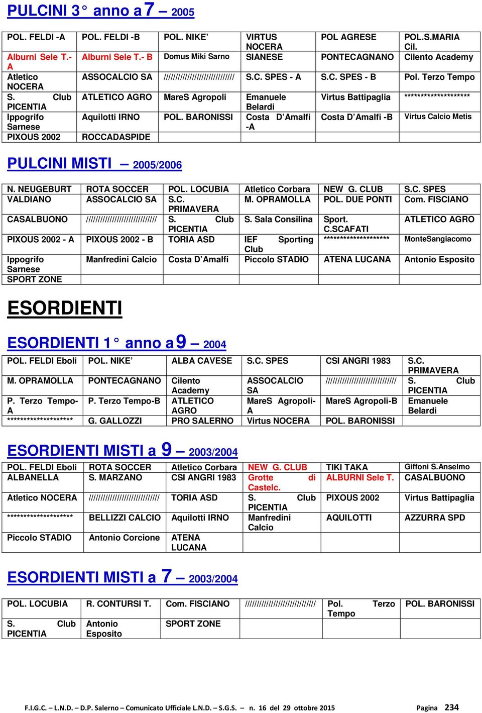 Club ATLETICO AGRO MareS Agropoli Emanuele Virtus Battipaglia ******************** PICENTIA Belardi Ippogrifo Aquilotti IRNO POL.