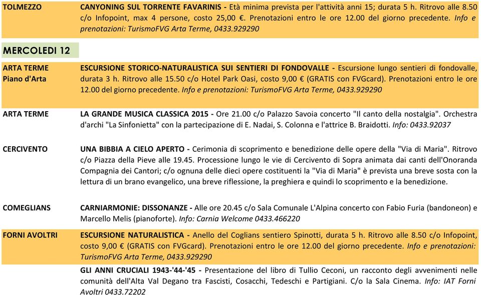 929290 MERCOLEDI 12 ARTA TERME Piano d'arta ARTA TERME CERCIVENTO ESCURSIONE STORICO-NATURALISTICA SUI SENTIERI DI FONDOVALLE - Escursione lungo sentieri di fondovalle, durata 3 h. Ritrovo alle 15.