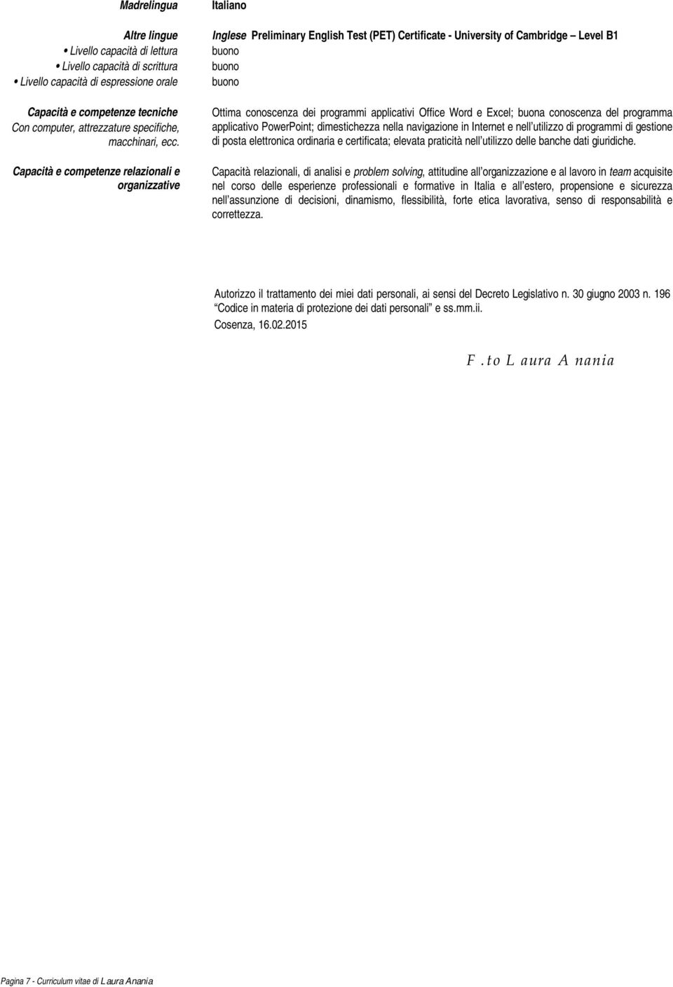 Capacità e competenze relazionali e organizzative Italiano Inglese Preliminary English Test (PET) Certificate - University of Cambridge Level B1 buono buono buono Ottima conoscenza dei programmi