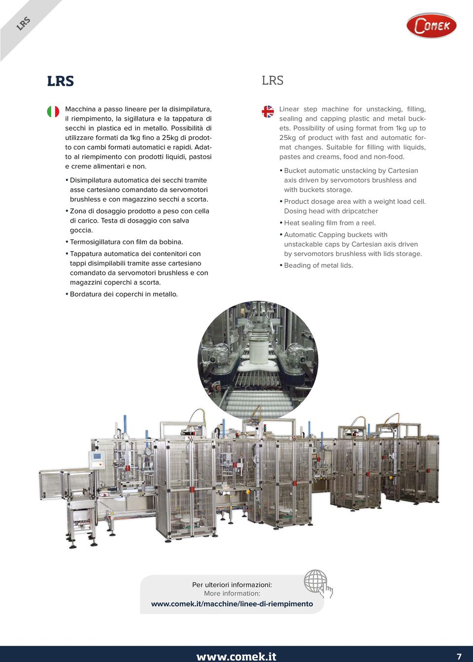 Disimpilatura automatica dei secchi tramite asse cartesiano comandato da servomotori brushless e con magazzino secchi a scorta. Zona di dosaggio prodotto a peso con cella di carico.