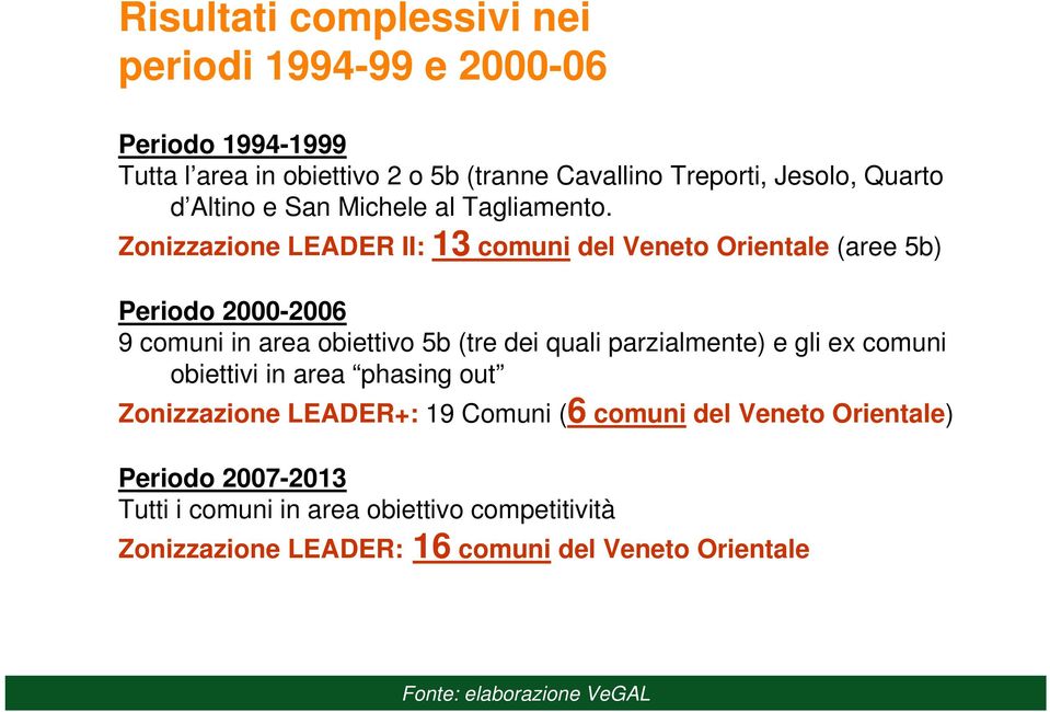 Zonizzazione LEADER II: 13 comuni del Veneto Orientale (aree 5b) Periodo 2000-2006 9 comuni in area obiettivo 5b (tre dei quali parzialmente) e