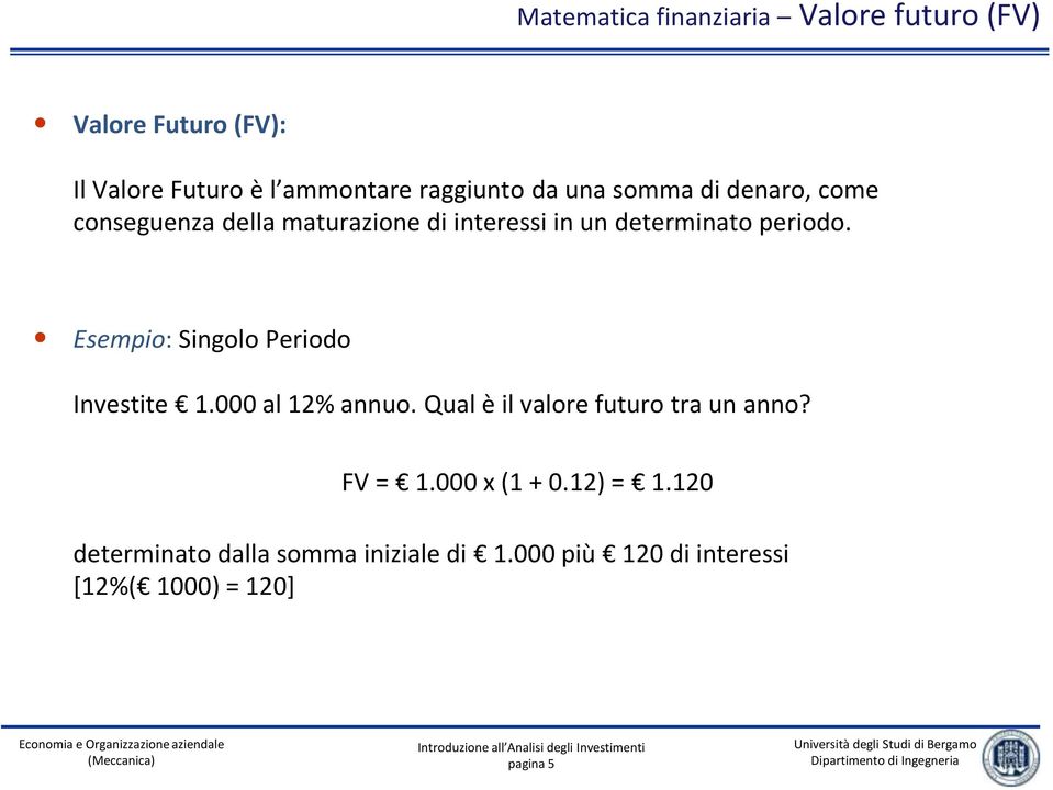 Esempio: Singolo Periodo Investite 1.000 al 12% annuo. Qual è il valore futuro tra un anno? FV = 1.