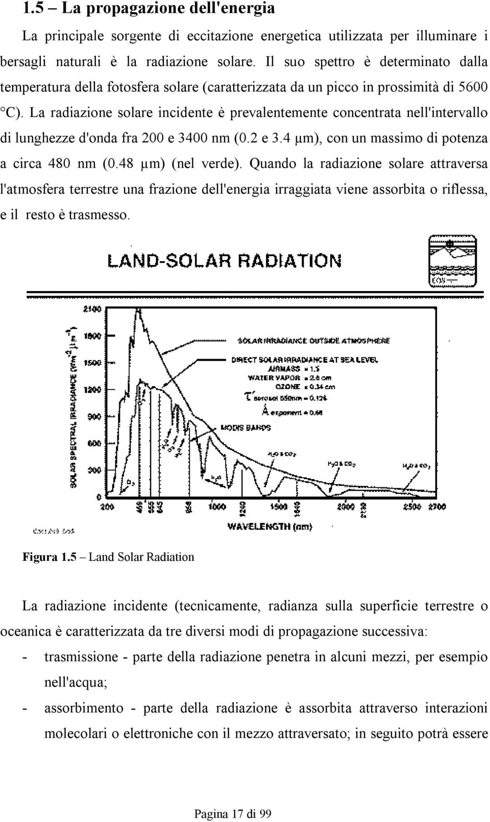 La radiazione solare incidente è prevalentemente concentrata nell'intervallo di lunghezze d'onda fra 200 e 3400 nm (0.2 e 3.4 µm), con un massimo di potenza a circa 480 nm (0.48 µm) (nel verde).