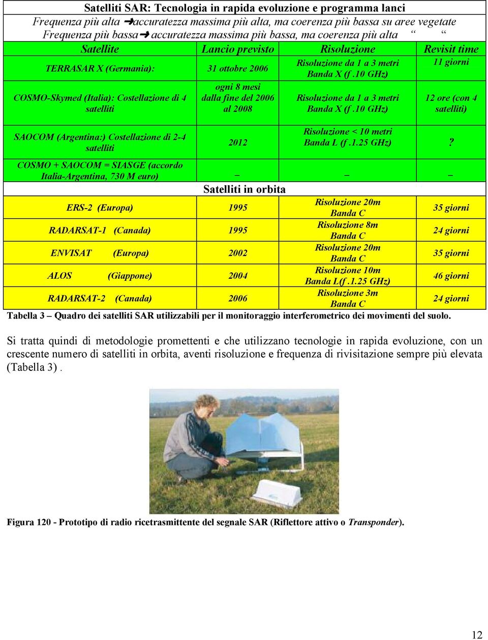 Costellazione di 2-4 satelliti COSMO + SAOCOM = SIASGE (accordo Italia-Argentina, 730 M euro) ogni 8 mesi dalla fine del 2006 al 2008 2012 Risoluzione da 1 a 3 metri Banda X (f.