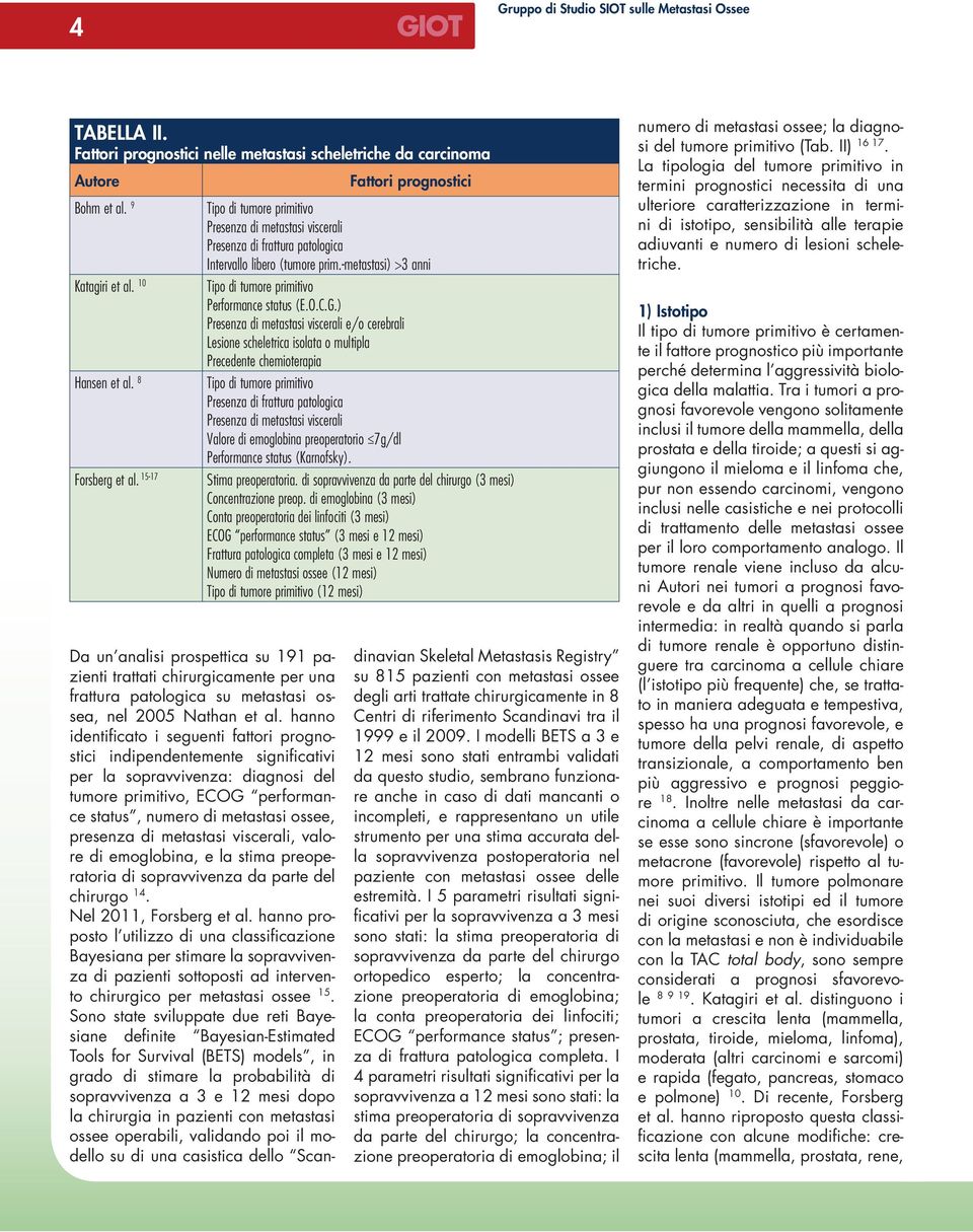 metastasi viscerali, valore di emoglobina, e la stima preoperatoria di sopravvivenza da parte del chirurgo 14. Nel 2011, Forsberg et al.