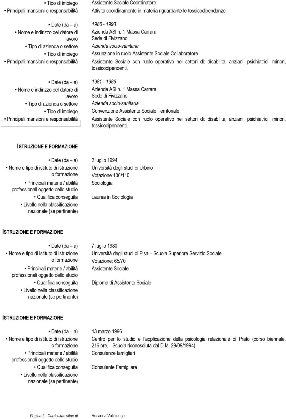 1 Massa Carrara Sede di Fivizzano Tipo di azienda o settore Azienda socio-sanitaria Tipo di impiego Assunzione in ruolo Assistente Sociale Collaboratore Principali mansioni e responsabilità