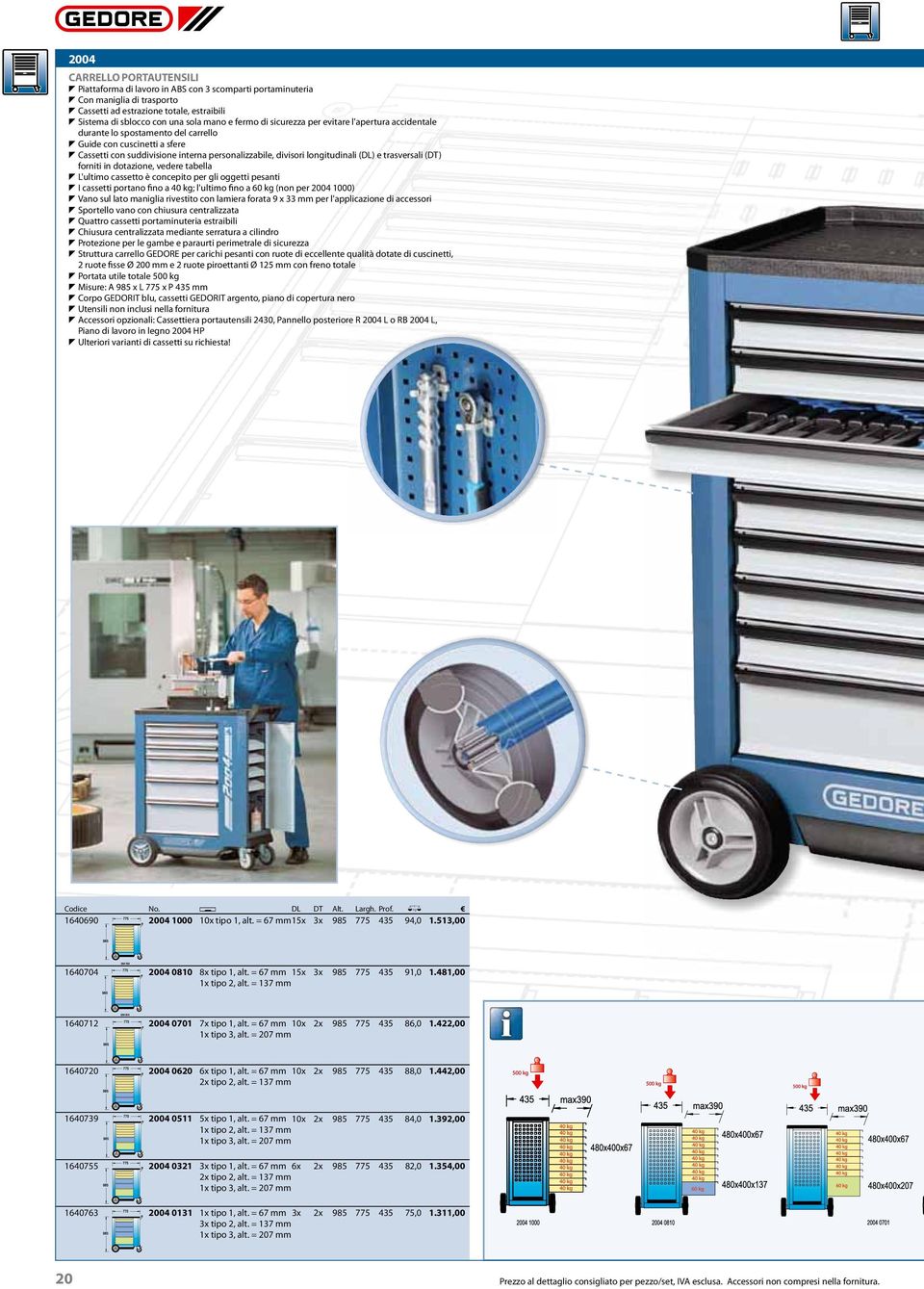 longitudinali (DL) e trasversali (DT) forniti in dotazione, vedere tabella T L'ultimo cassetto è concepito per gli oggetti pesanti T I cassetti portano fino a 40 kg; l'ultimo fino a 60 kg (non per