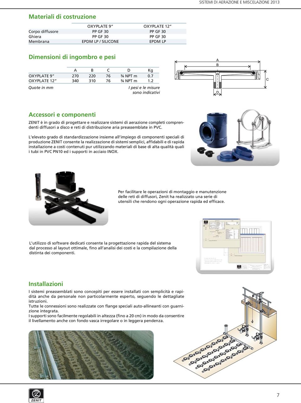 2 Quote in mm I pesi e le misure sono indicativi Accessori e componenti ZENIT è in grado di progettare e realizzare sistemi di aerazione completi comprendenti diffusori a disco e reti di