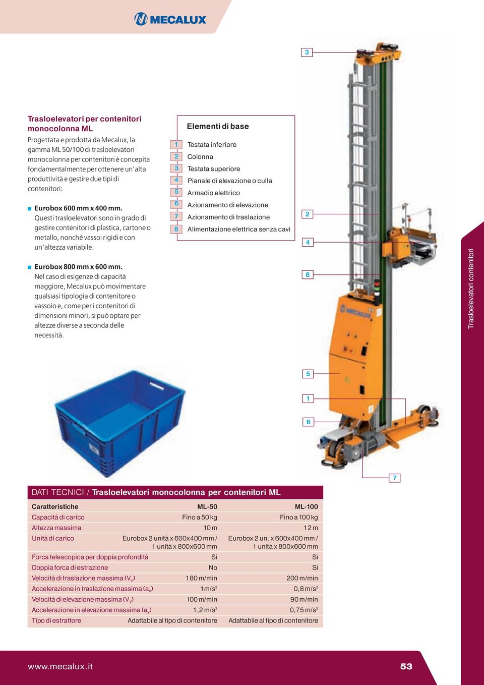 Questi trasloelevatori sono in grado di gestire contenitori di plastica, cartone o metallo, nonché vassoi rigidi e con un'altezza variabile. Eurobox 800 mm x 600 mm.