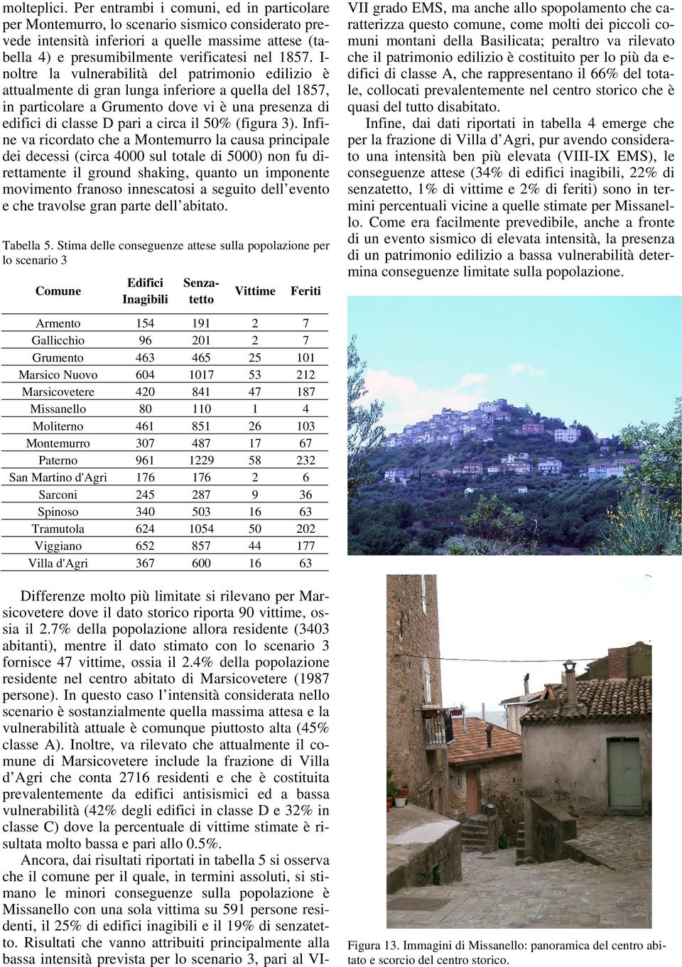 I- noltre la vulnerabilità del patrimonio edilizio è attualmente di gran lunga inferiore a quella del 1857, in particolare a Grumento dove vi è una presenza di edifici di classe D pari a circa il 50%