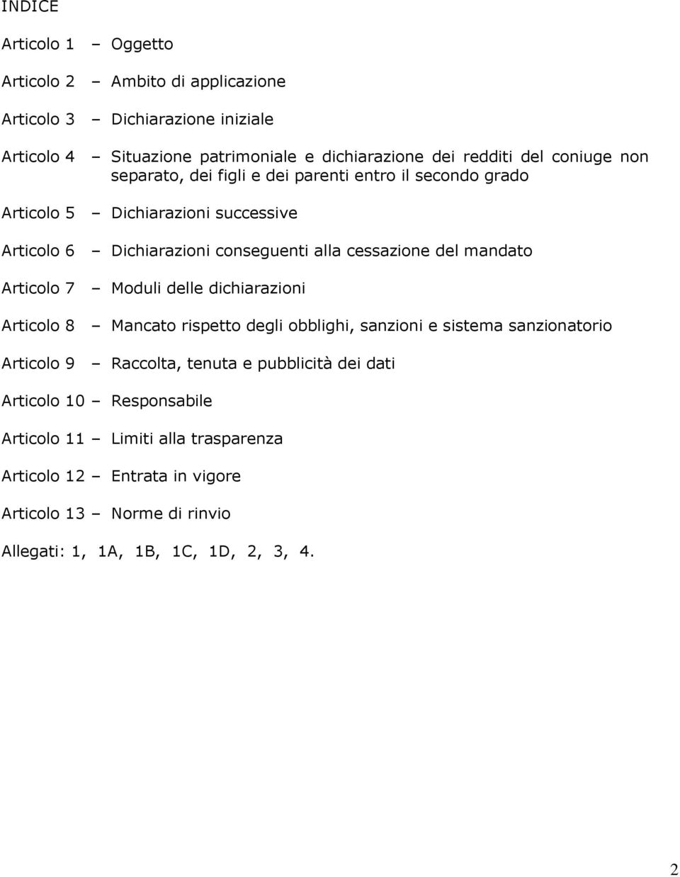 mandato Articolo 7 Moduli delle dichiarazioni Articolo 8 Mancato rispetto degli obblighi, sanzioni e sistema sanzionatorio Articolo 9 Raccolta, tenuta e pubblicità