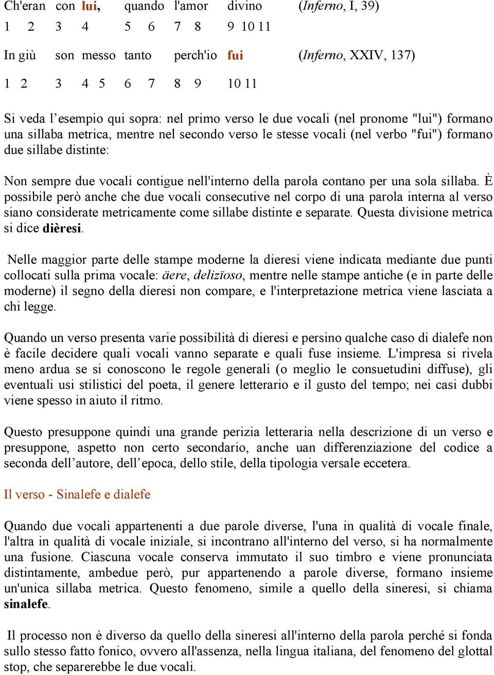 È possibile però anche che due vocali consecutive nel corpo di una parola interna al verso siano considerate metricamente come sillabe distinte e separate. Questa divisione metrica si dice dièresi.