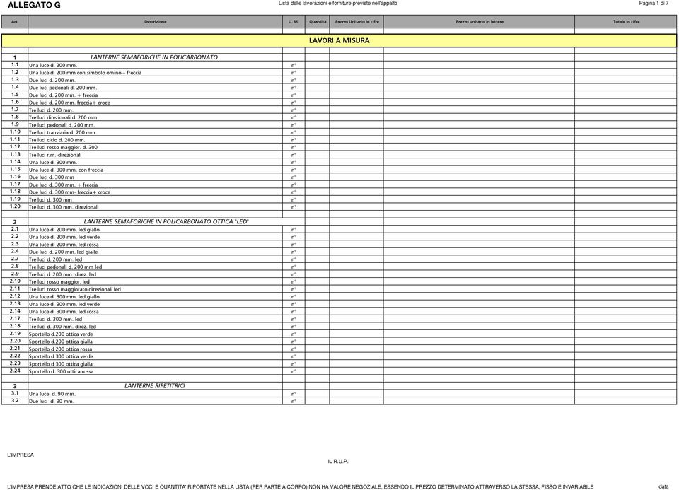 200 mm n 1.9 Tre luci pedonali d. 200 mm. n 1.10 Tre luci tranviaria d. 200 mm. n 1.11 Tre luci ciclo d. 200 mm. n 1.12 Tre luci rosso maggior. d. 300 n 1.13 Tre luci r.m.-direzionali n 1.
