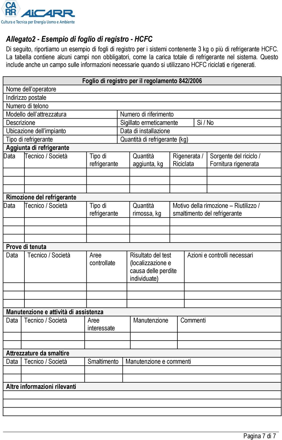 Questo include anche un campo sulle informazioni necessarie quando si utilizzano HCFC riciclati e rigenerati.