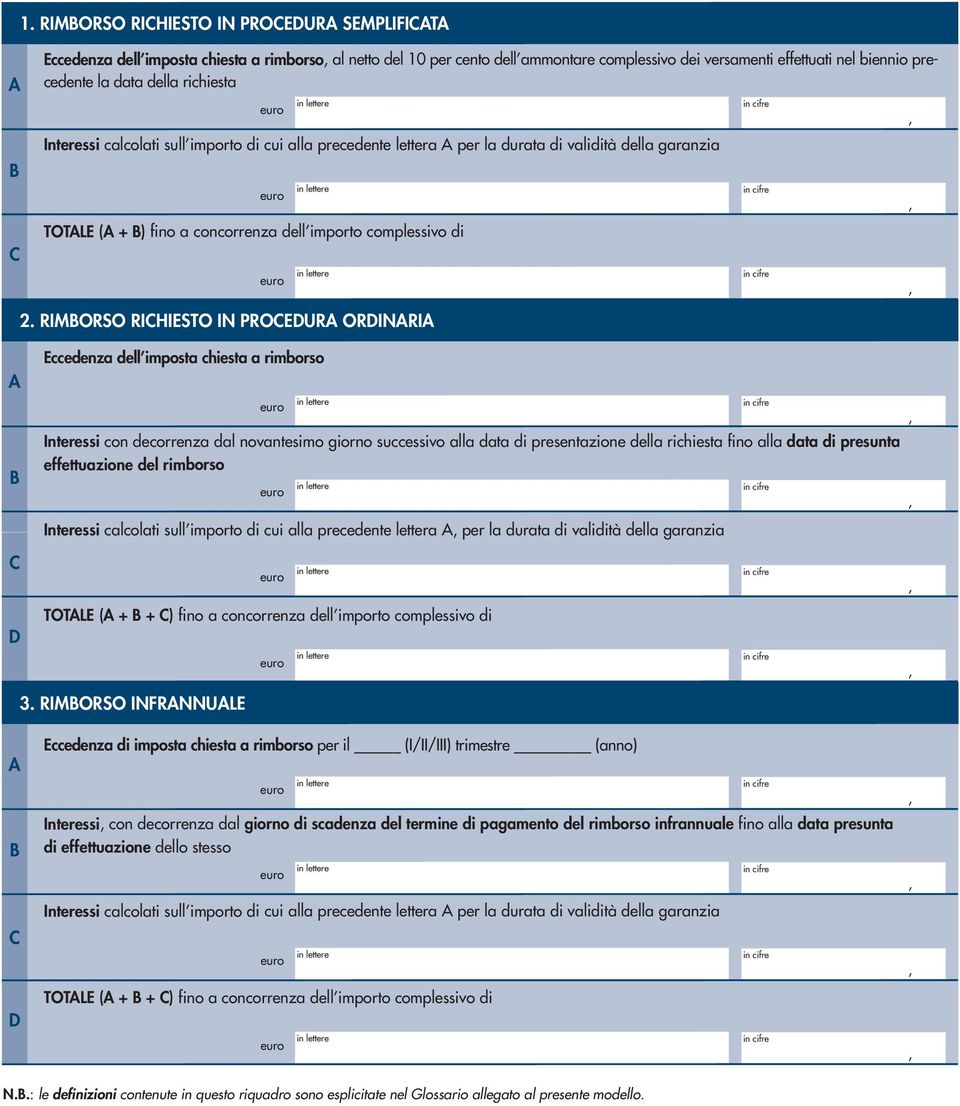 RIMBORSO RICHIESTO IN PROCEDURA ORDINARIA A B C D Eccedenza dell imposta chiesta a rimborso Interessi con decorrenza dal novantesimo giorno successivo alla data di presentazione della richiesta fino