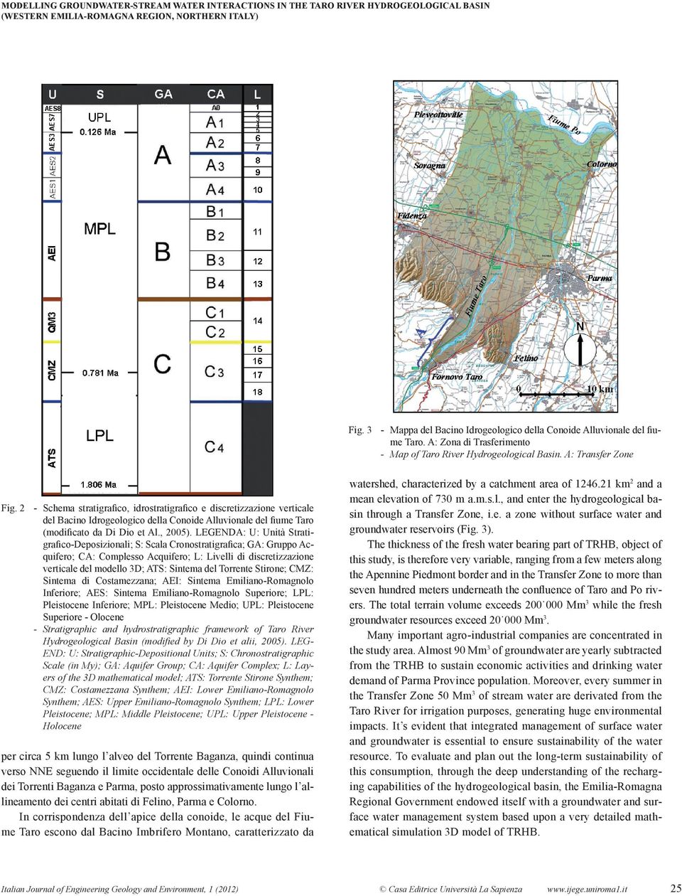 2 - Schema stratigrafico, idrostratigrafico e discretizzazione verticale del Bacino Idrogeologico della Conoide Alluvionale del fiume Taro (modificato da Di Dio et Al., 2005).