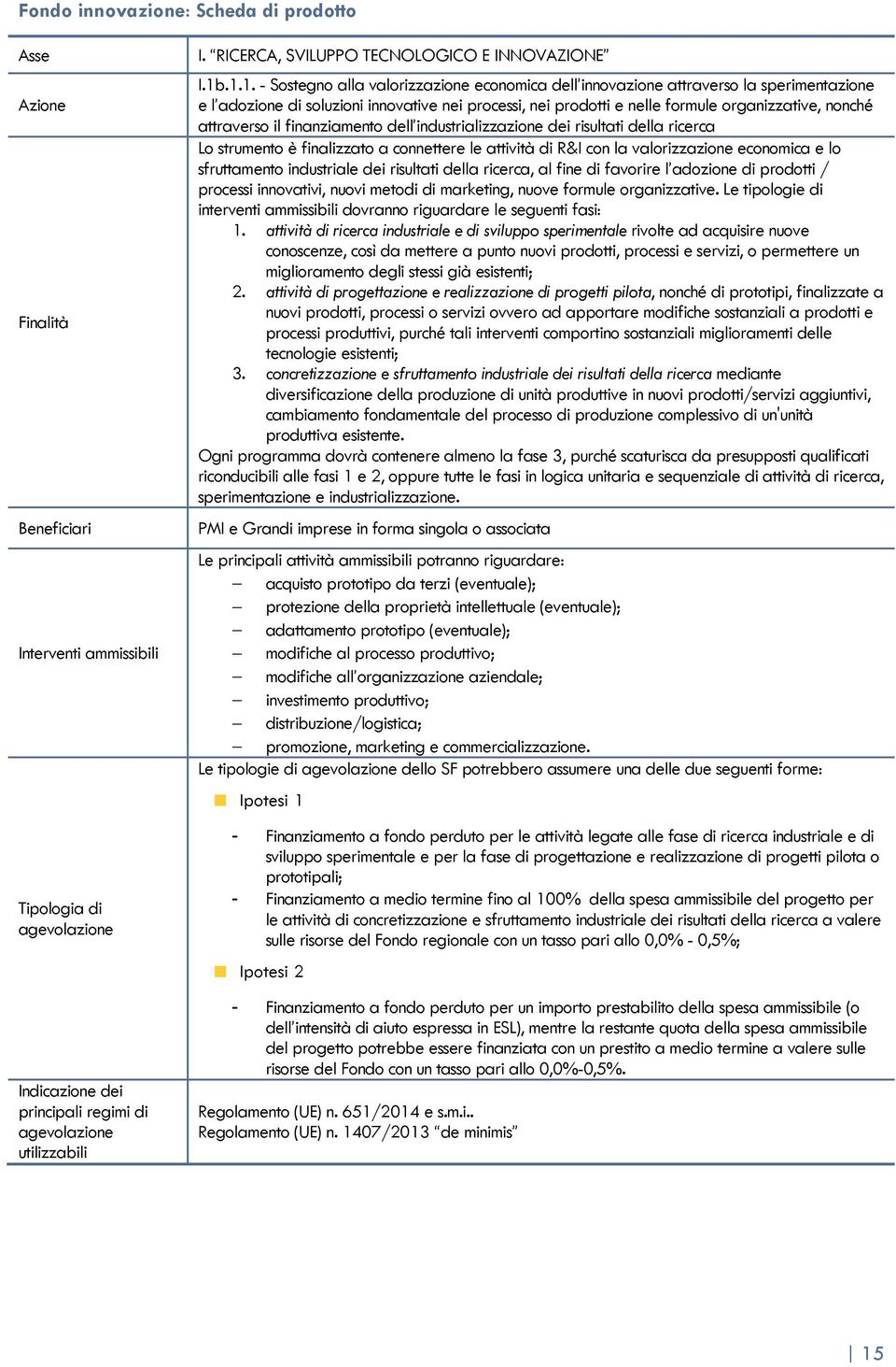 .1.1. - Sostegno alla valorizzazione economica dell innovazione attraverso la sperimentazione e l adozione di soluzioni innovative nei processi, nei prodotti e nelle formule organizzative, nonché