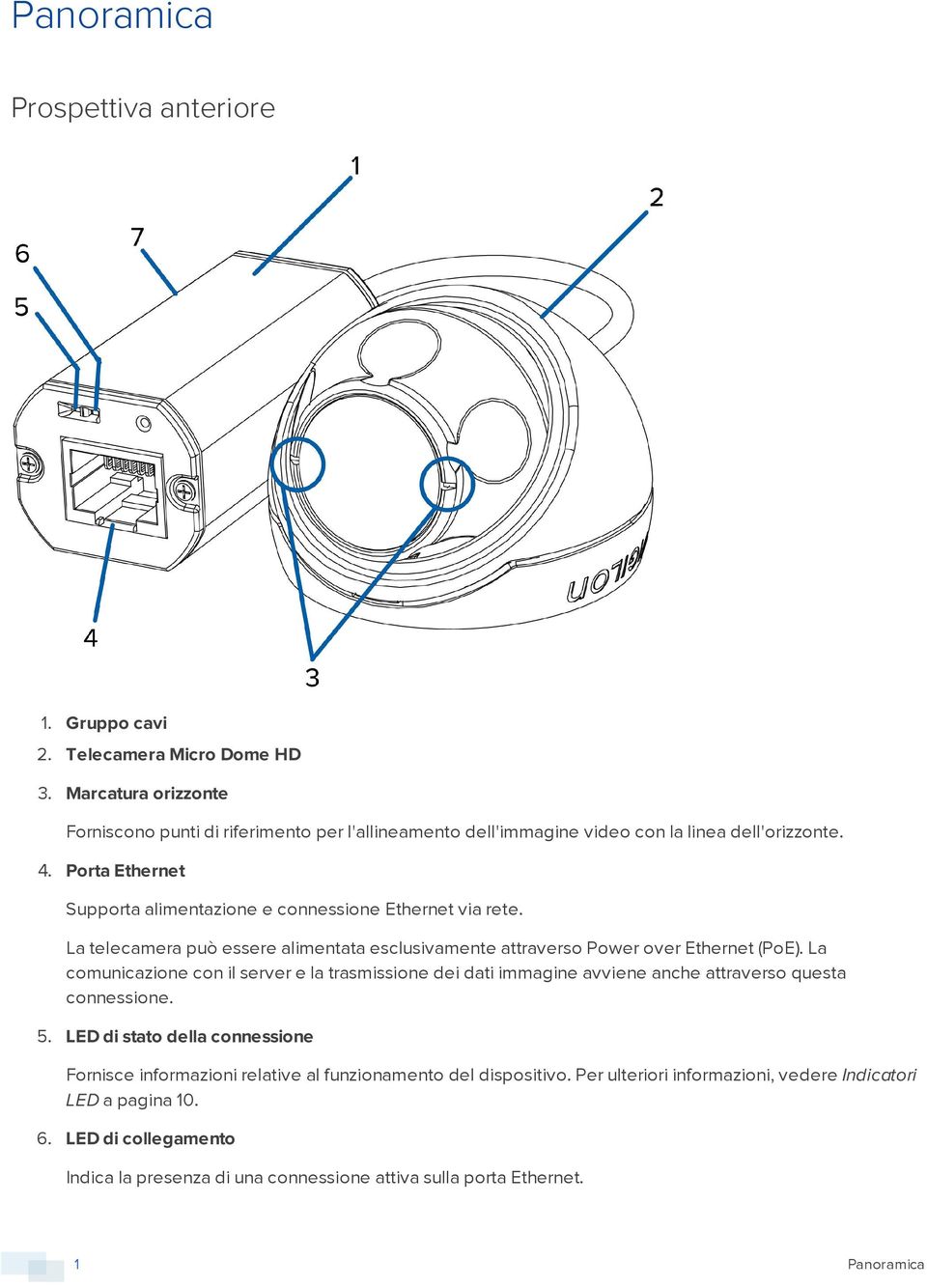 Porta Ethernet Supporta alimentazione e connessione Ethernet via rete. La telecamera può essere alimentata esclusivamente attraverso Power over Ethernet (PoE).