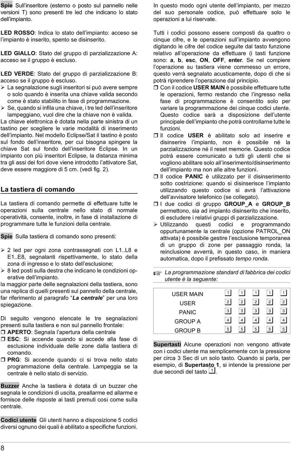 LED VERDE: Stato del gruppo di parzializzazione B: acceso se il gruppo è escluso.