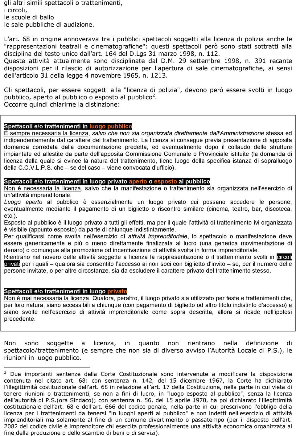 disciplina del testo unico dall art. 164 del D.Lgs 31 marzo 1998, n. 112. Queste attività attualmente sono disciplinate dal D.M. 29 settembre 1998, n.