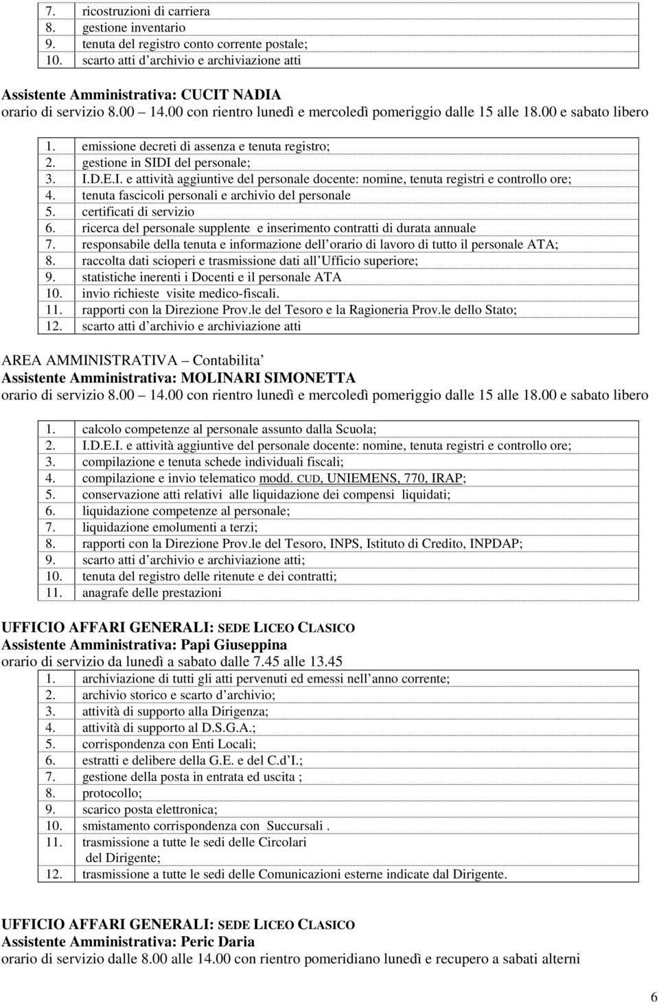 emissione decreti di assenza e tenuta registro; 2. gestione in SIDI del personale; 3. I.D.E.I. e attività aggiuntive del personale docente: nomine, tenuta registri e controllo ore; 4.