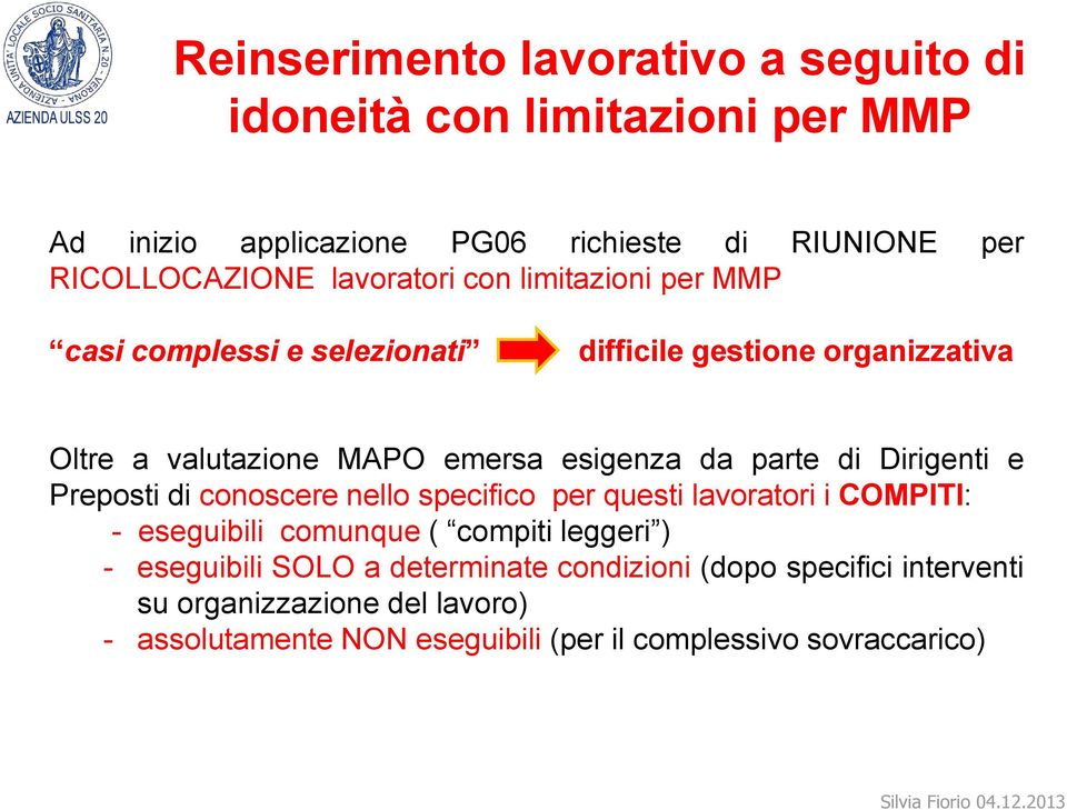 lavoratori con limitazioni per MMP casi complessi e selezionati difficile gestione organizzativa Oltre a valutazione MAPO emersa esigenza da parte di